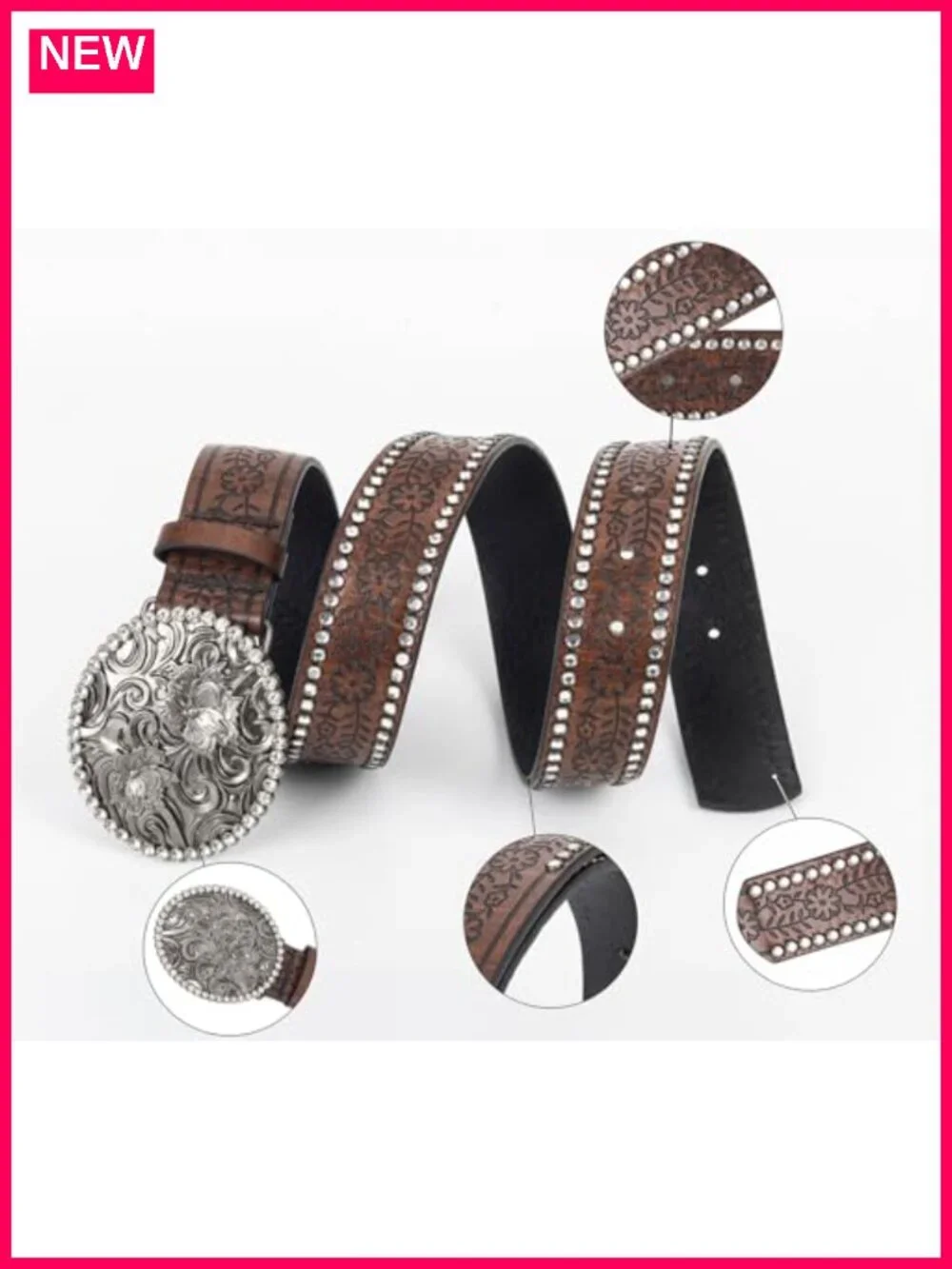 Rhinestone flower buckle cowgirl western belt PU leather